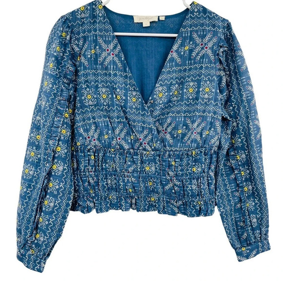 Anthropologie Forever That Girl Blue Floral Smocked Blouse Ruffled Size Small - Picture 2 of 11